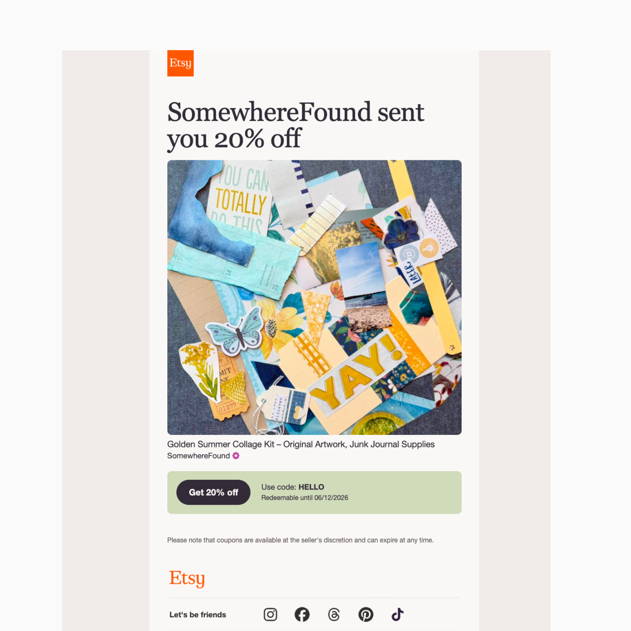 An Etsy email from Somewhere Found offering 20% off a collage kit, with a use-code button.