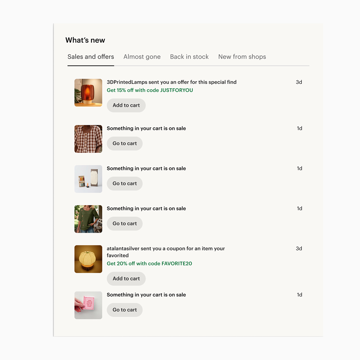 The What’s new onsite surface showing sales and offers, including a shop offer with a use code.
