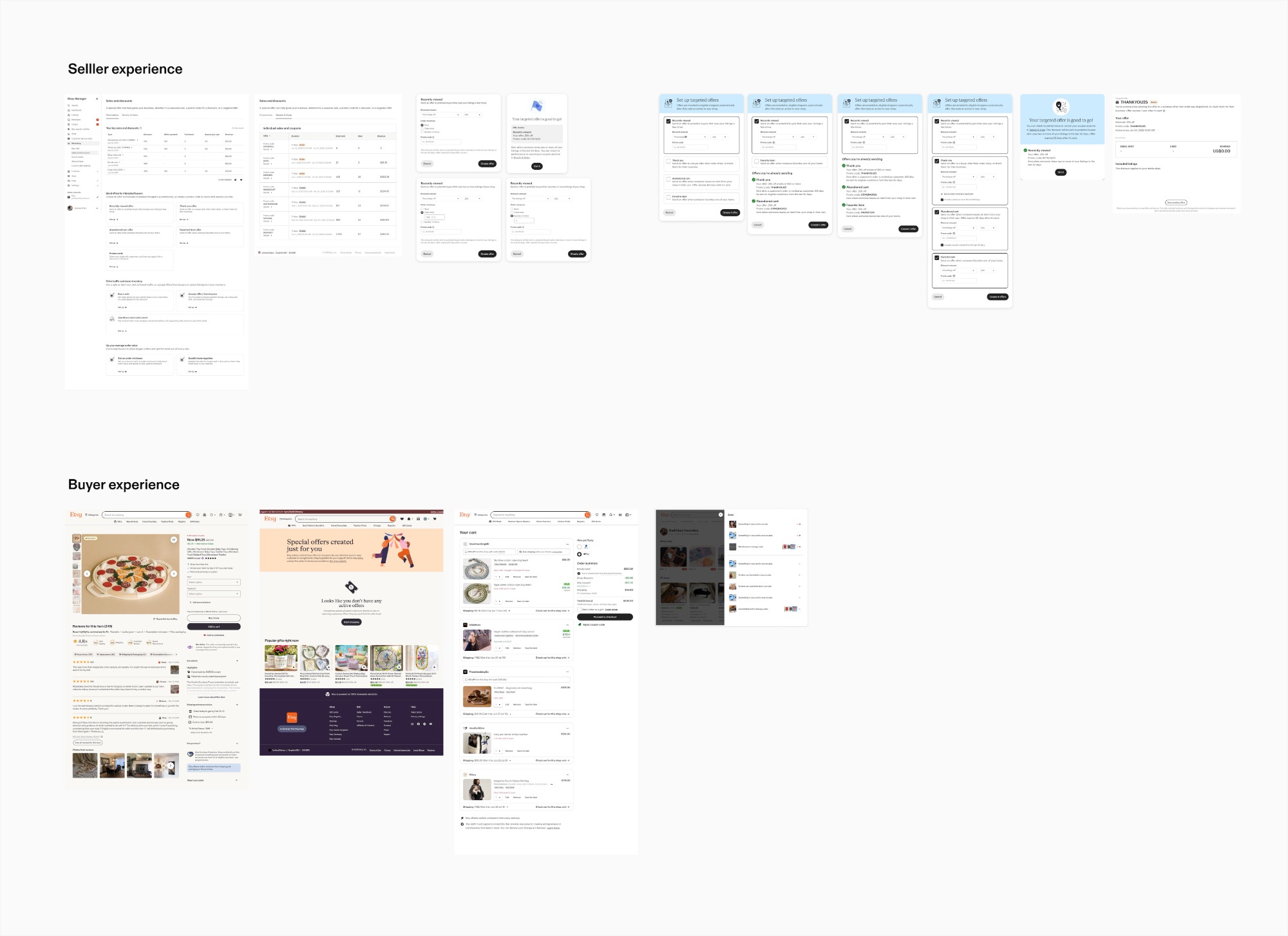 A wide board of seller-setup and buyer-facing explorations for Interested Shopper Offer, showing a range of approaches considered before the MVP.