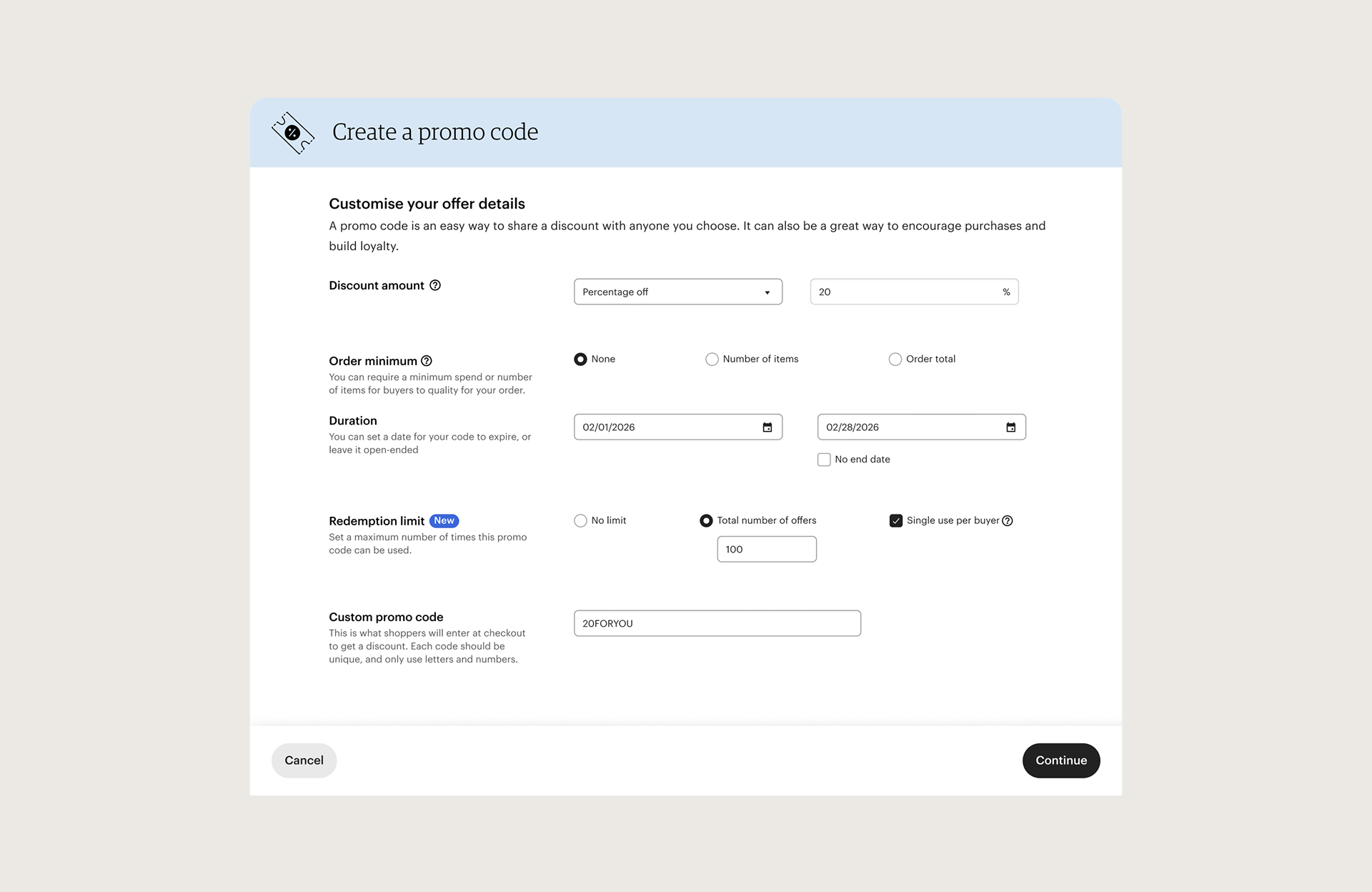 The Create a promo code setup, showing a total redemption limit and a single-use-per-buyer control.