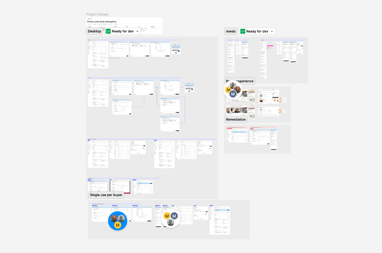 A dense design specification covering seller use cases, buyer touchpoints, and alternate launch states for the Promo-code enhancements.