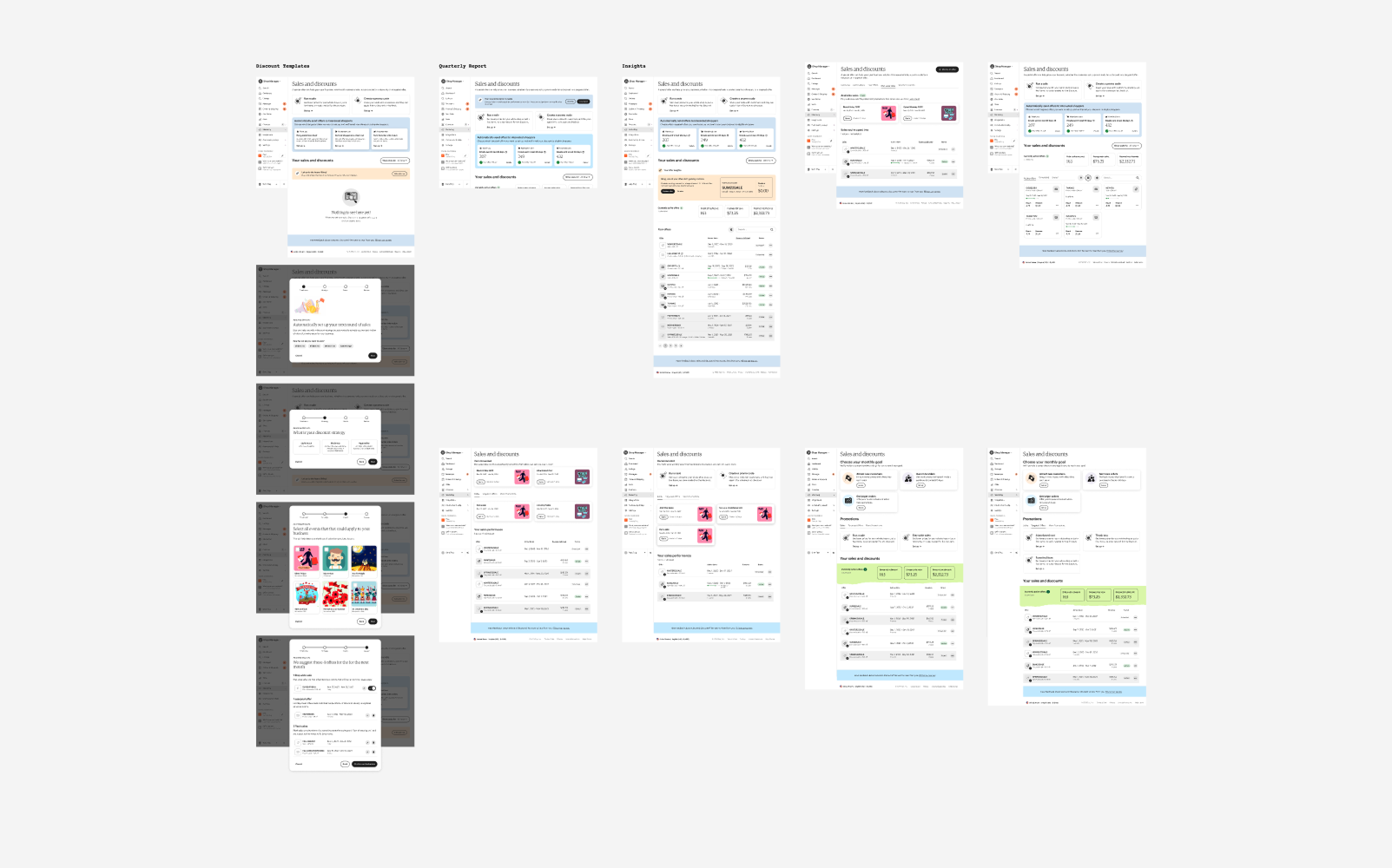 A board of Sales and discounts interface explorations showing several information-architecture and hierarchy directions.